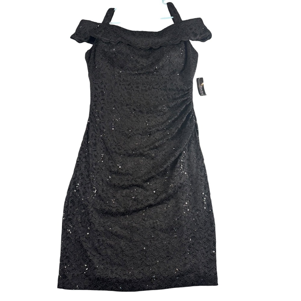 R&M‎ Richards Womens Black Lace Sequin Off Shoulder Cocktail Dress 8874 Size 12